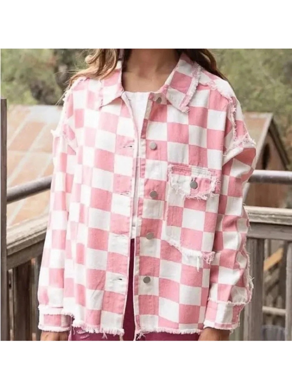 POL Pink & White Checkered Distressed Shacket Size Small